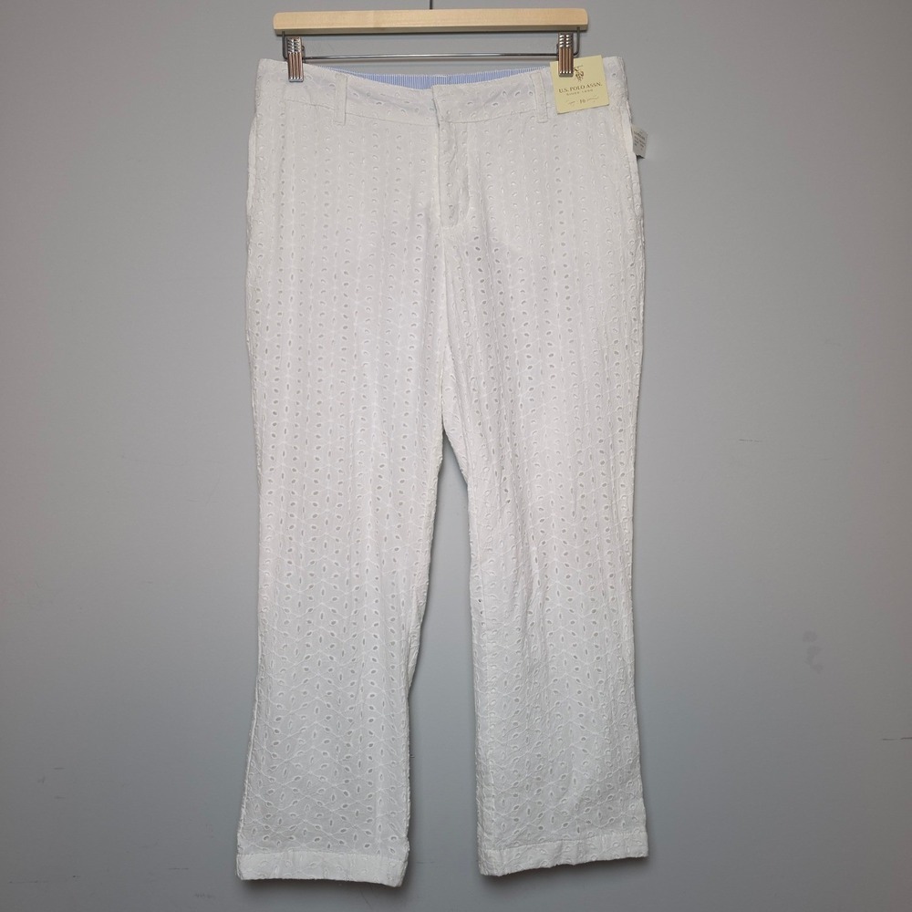 U.S. Polo Assn. White Floral Eyelet Embroidered Straight Leg Pants Size 10